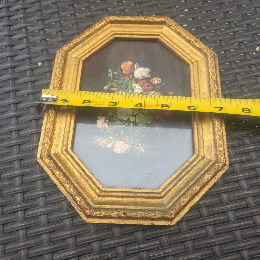 Vtg Florentine Italy Ornate Gold Wood Frame Octagon Glass Floral Print Cottage